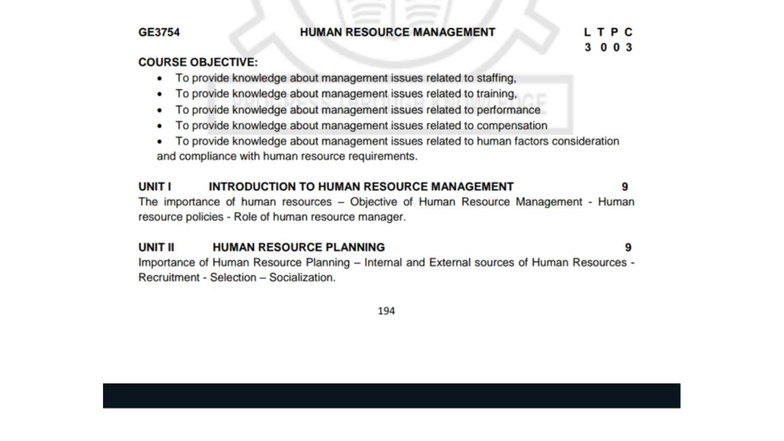GE3754 HUMAN RESOURCE MANAGEMENT SYLLABUS AND COURSE OUTLINE - Studocu