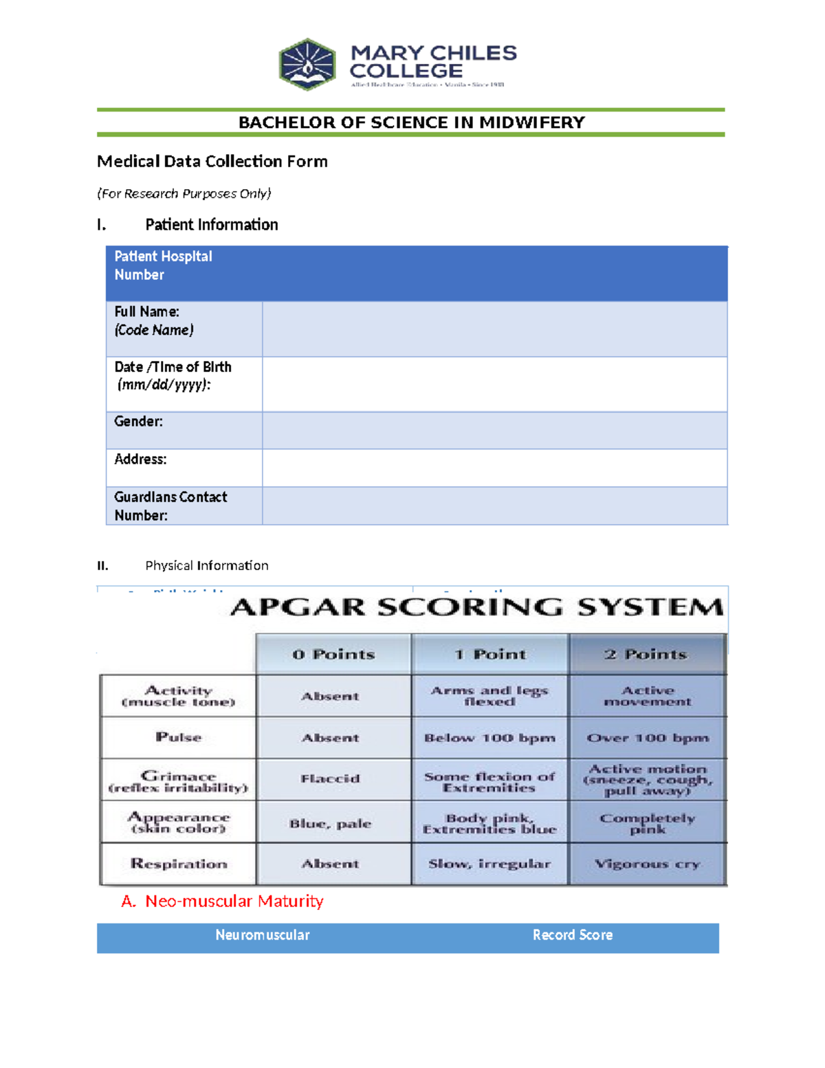 Medical Data Collection Form v2.0 for Neonate - BSc in Midwifery - Studocu