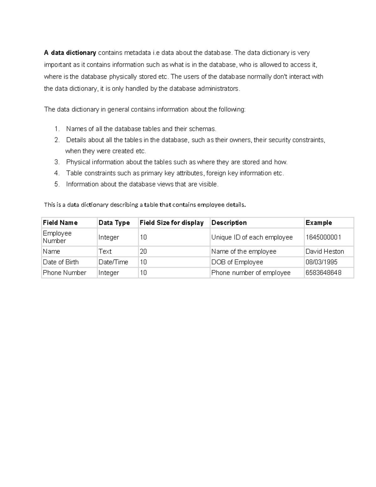 Data Dictionary: Metadata Overview for Employee Database - Studocu