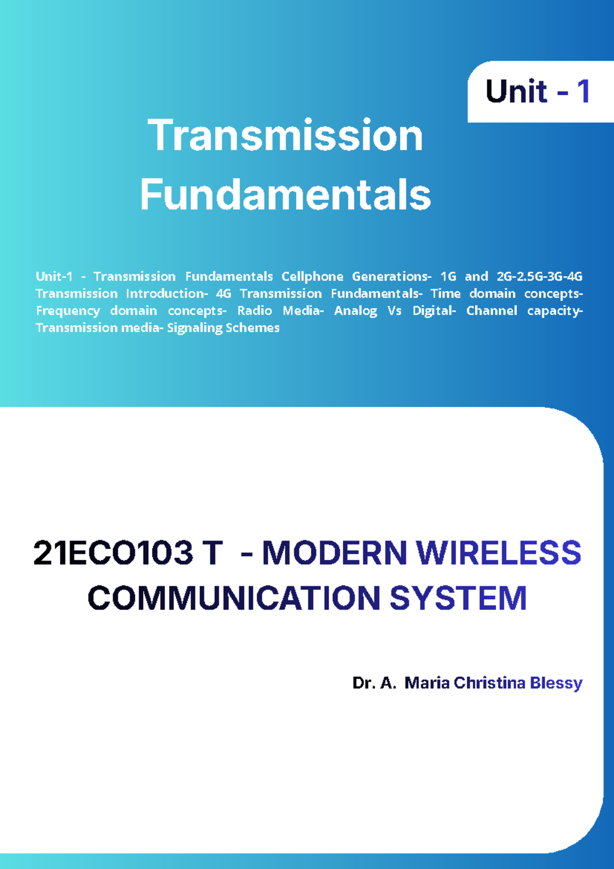 21ECO103T Unit 1 - Lecture Notes on Transmission Fundamentals - Studocu