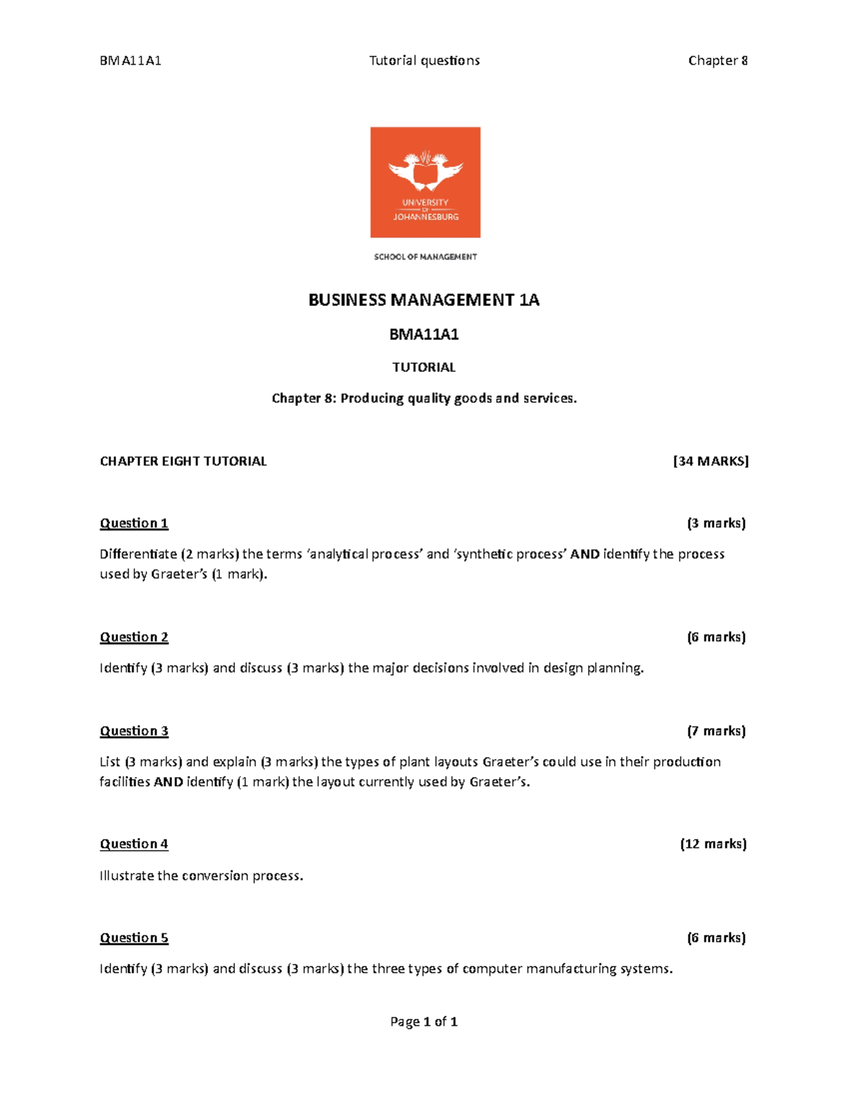 BMA11A1 Tutorial: Chapter 8 - Producing Quality Goods & Services - Studocu