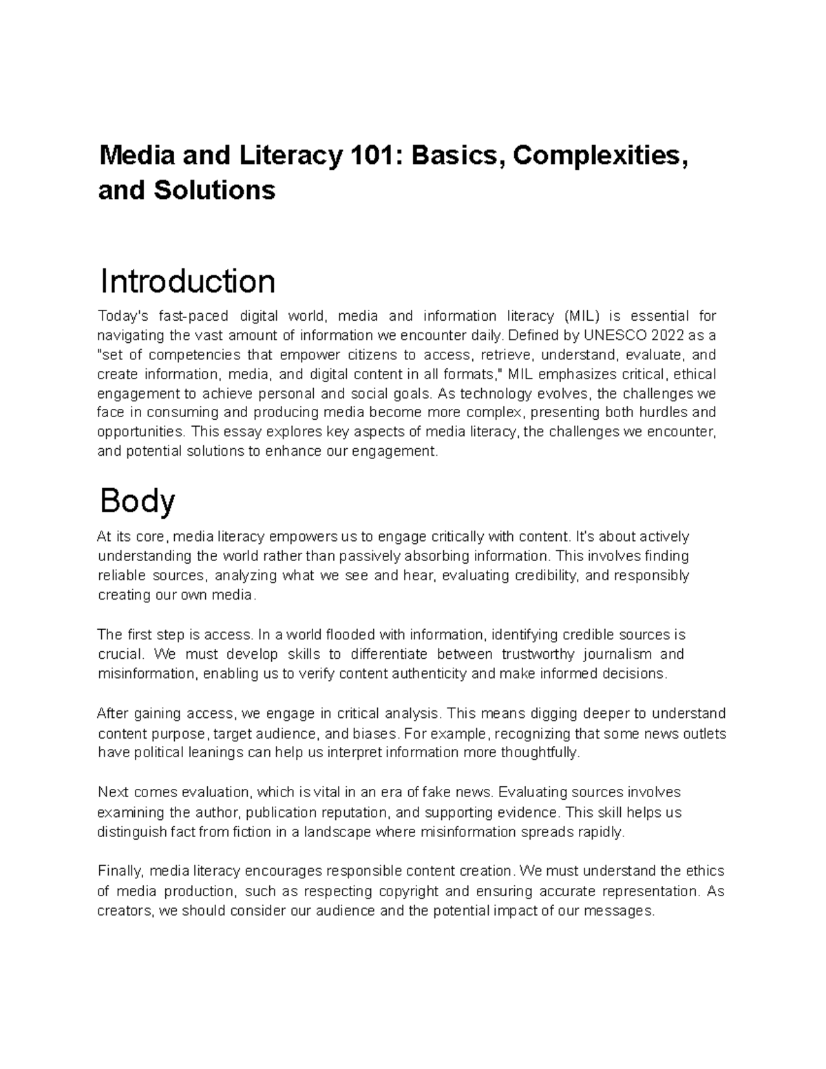 Media and Literacy 101: Understanding and Enhancing MIL Skills - Studocu