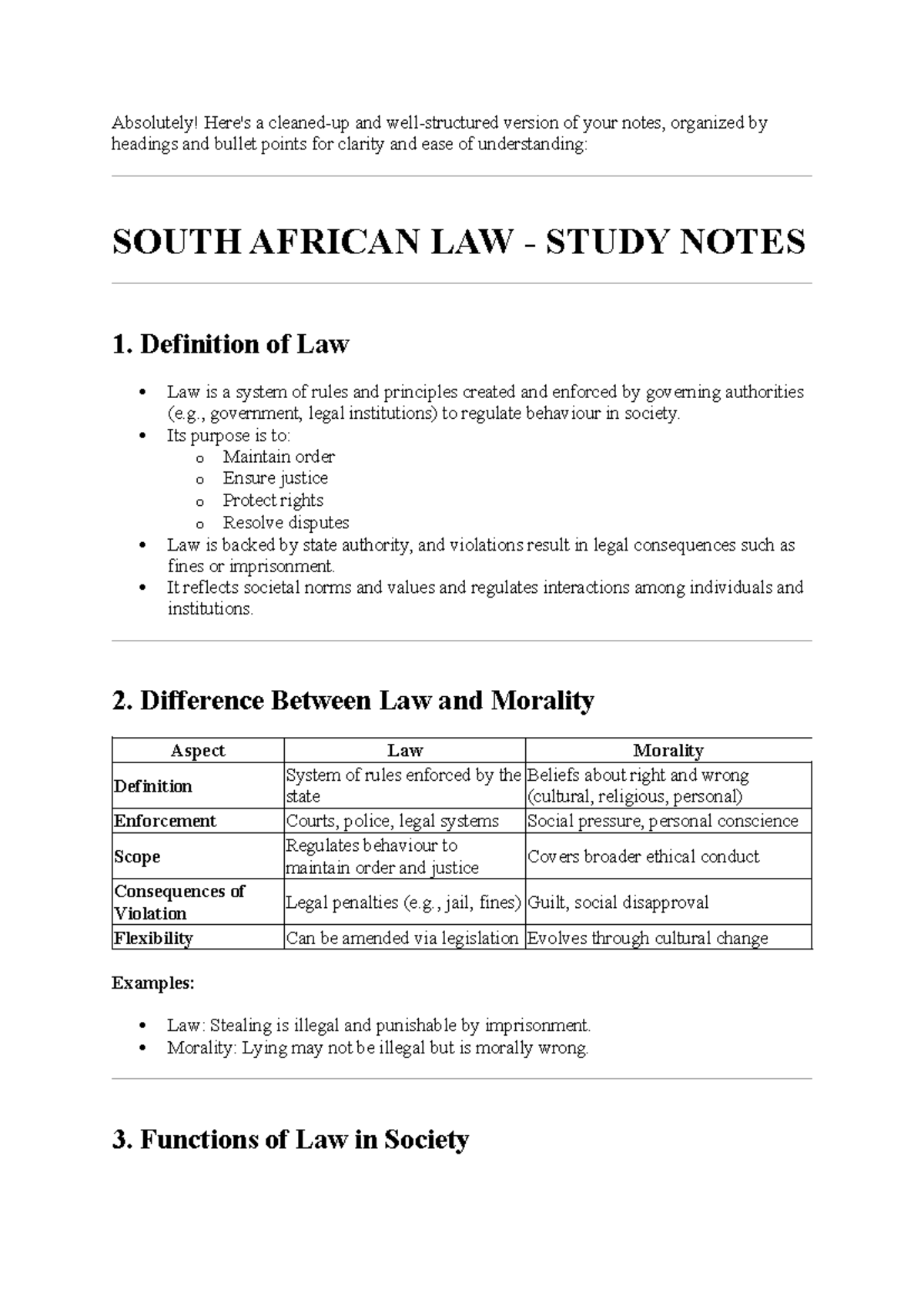 Introduction to Law notes - Absolutely! Here's a cleaned-up and well ...