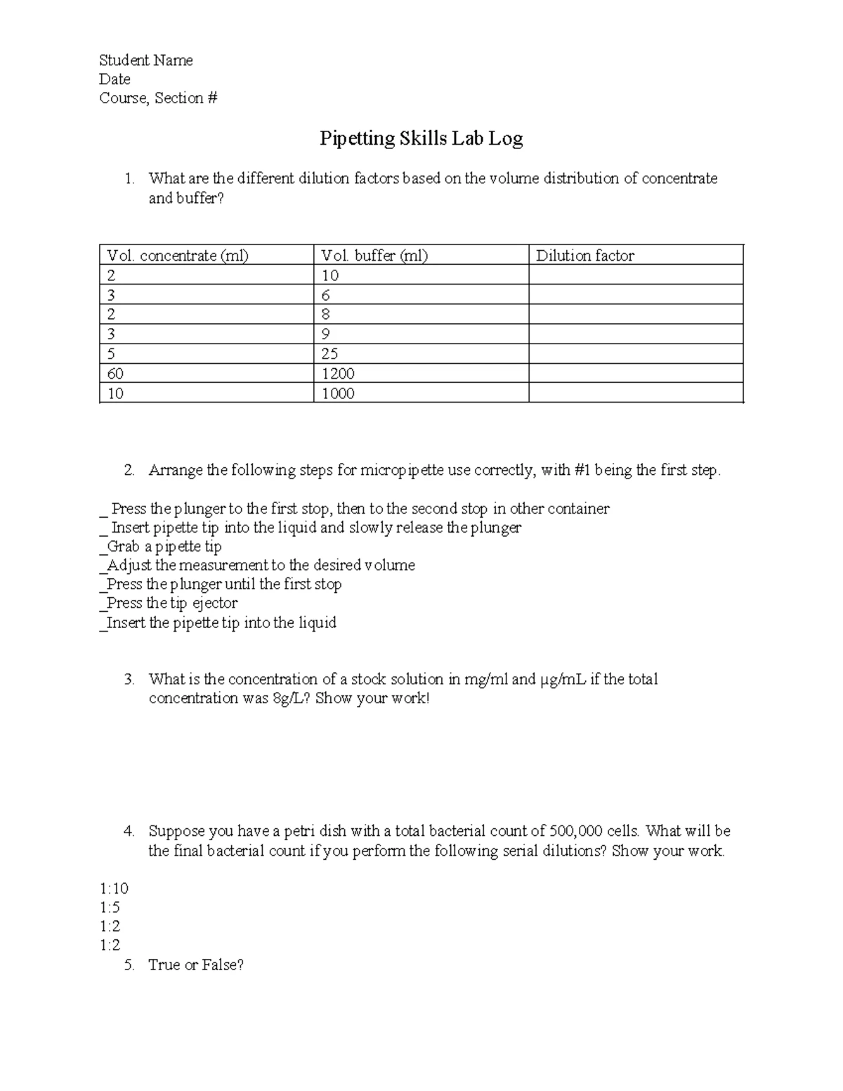 PIP 101: Pipetting Skills Lab Log & Exercises - Studocu
