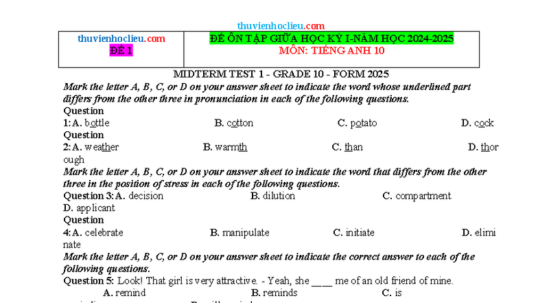 ĐỀ ÔN TẬP GIỮA HỌC KỲ TIẾNG ANH 10 - MIDTERM TEST 1 GRADE 10 - Studocu