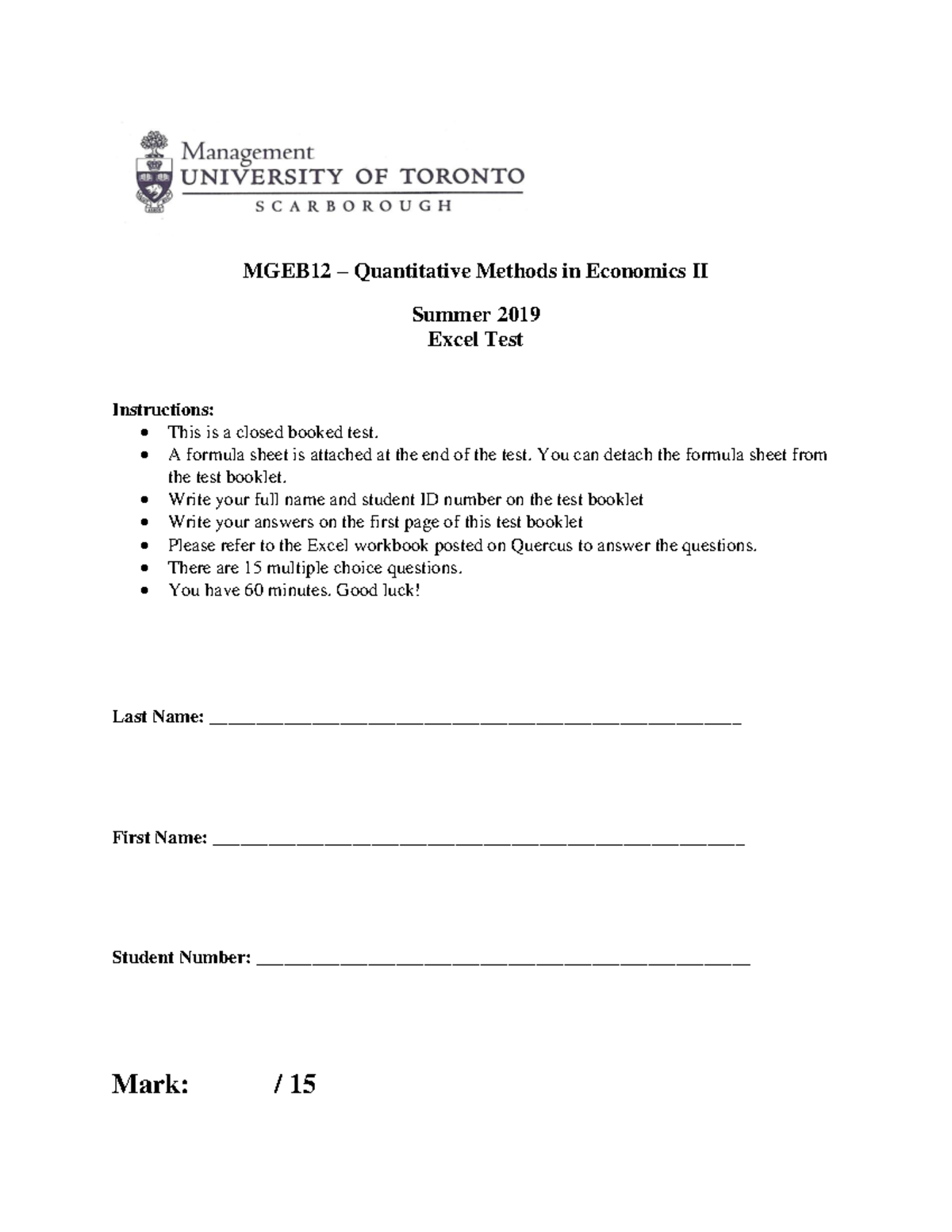 Excel+Test+2019 S 1 - Excel Test - MGEB12 – Quantitative Methods in ...