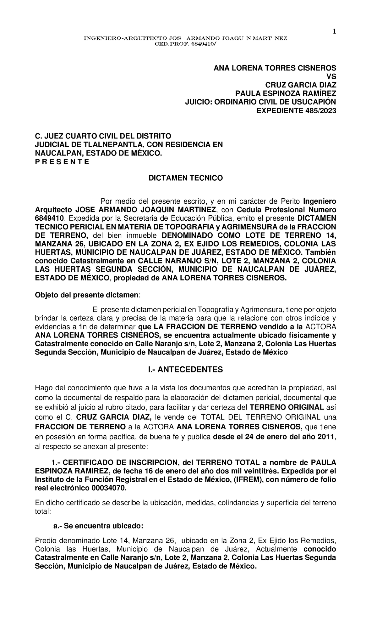Dictamen Técnico Pericial en Topografía y Agrimensura - CED.PROF. 1 - Document Preview