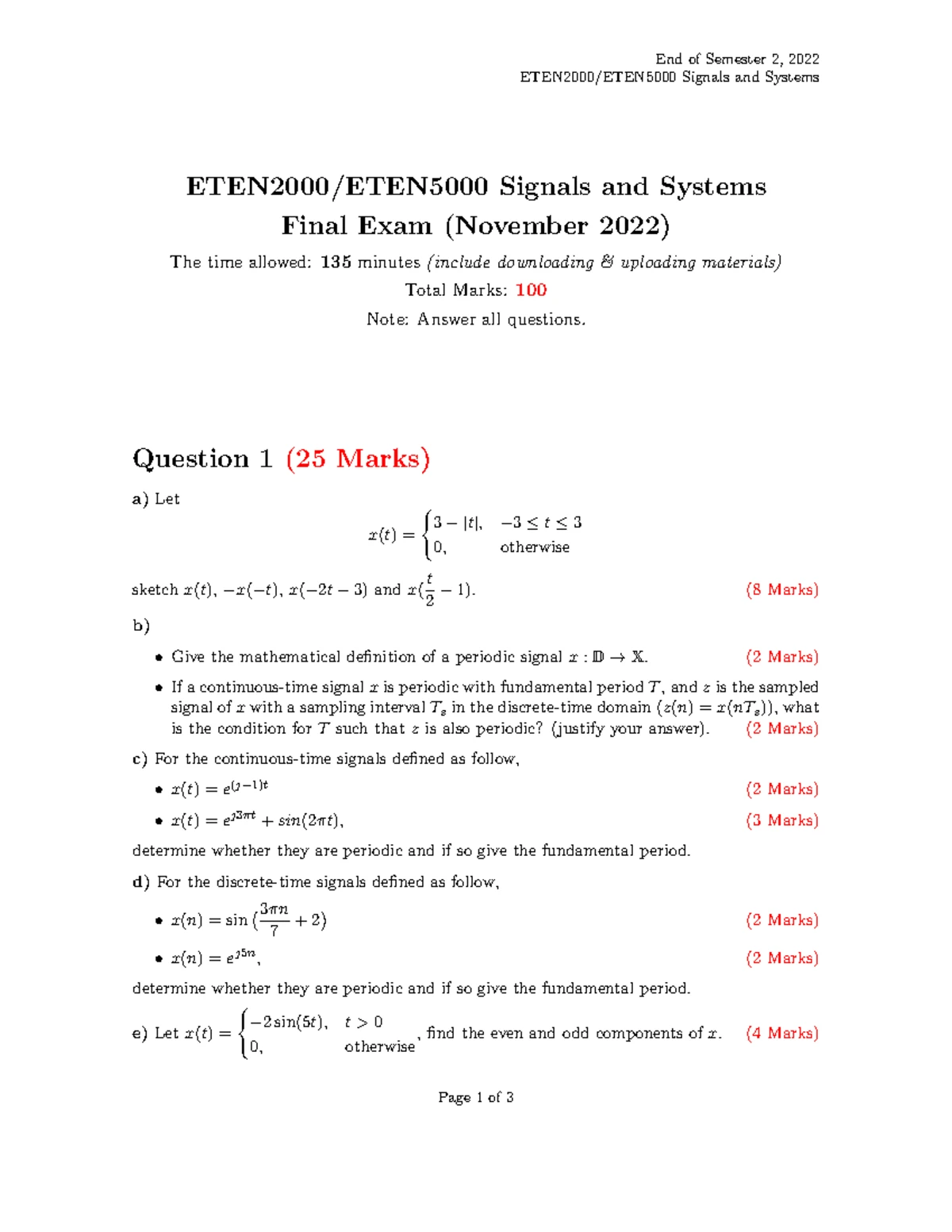 Signals and Systems 2020 S2: End of Semester Exam Questions and ...