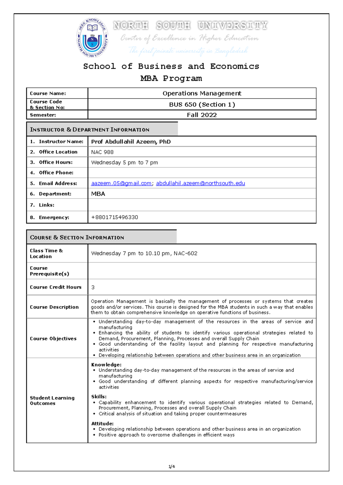 Course Outline BUS650 - Operations Management Fall 2022 - Studocu