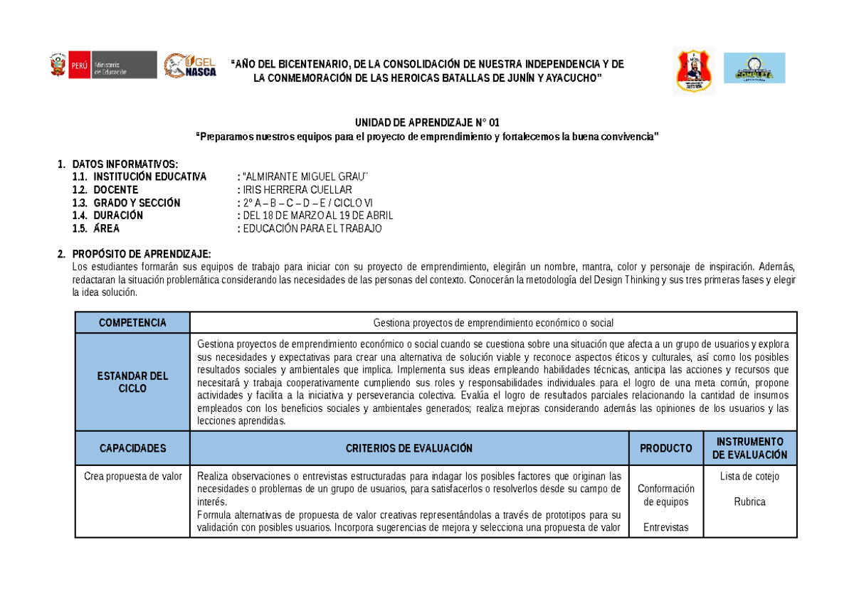 Unidad Didáctica 2024 EPT: Proyecto de Emprendimiento y Design Thinking - Document Preview