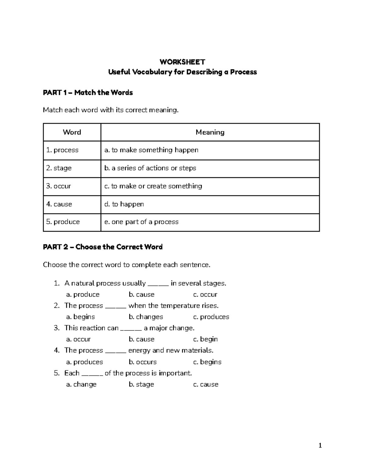 Worksheet - Useful Vocabulary for Describing a Process (Part 1) - Studocu