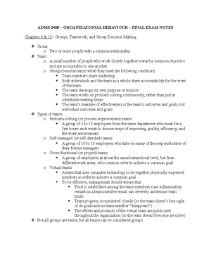 ADMS 2400 Midterm Exam Study Notes: Organisational Behaviour Insights ...
