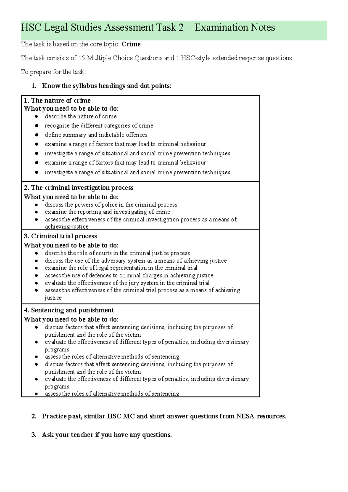HSC Legal Studies Assessment Task 2: Crime Exam Revision Notes - Studocu