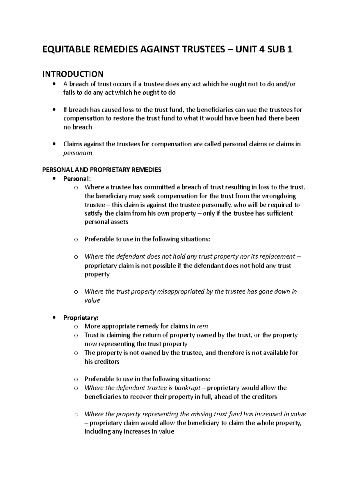 Equitable Remedies Against Trustees - Unit 4 Summary Notes - Studocu
