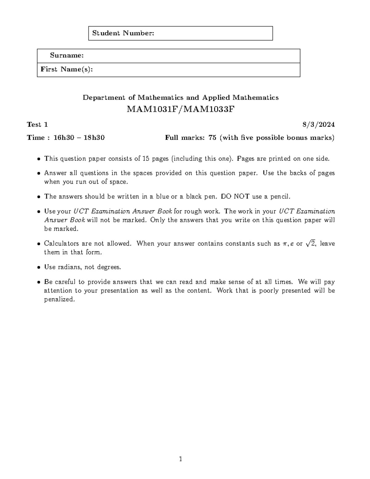 MAM1031F Test 1: Mathematics & Applied Math Exam Paper 2024 - Studocu