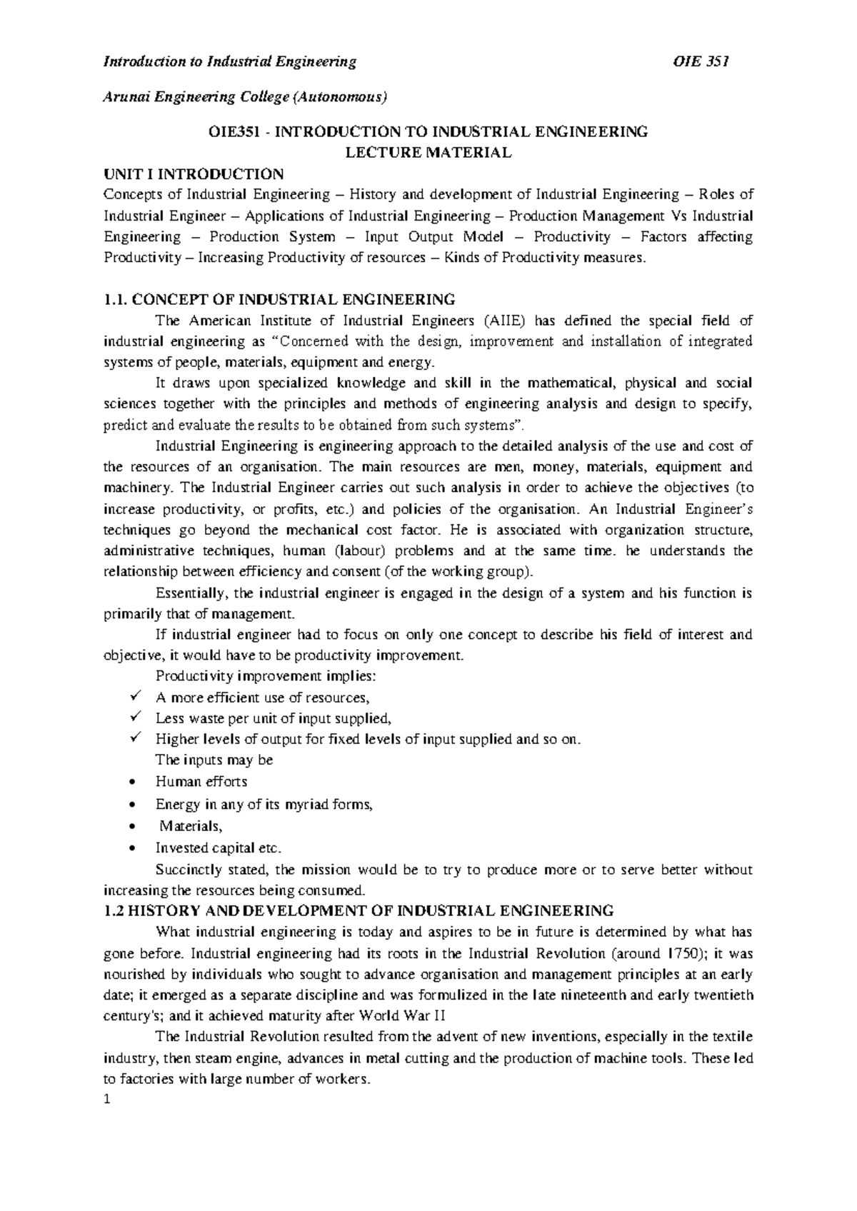 OIE 351 - Lecture Notes on Introduction to Industrial Engineering - Studocu