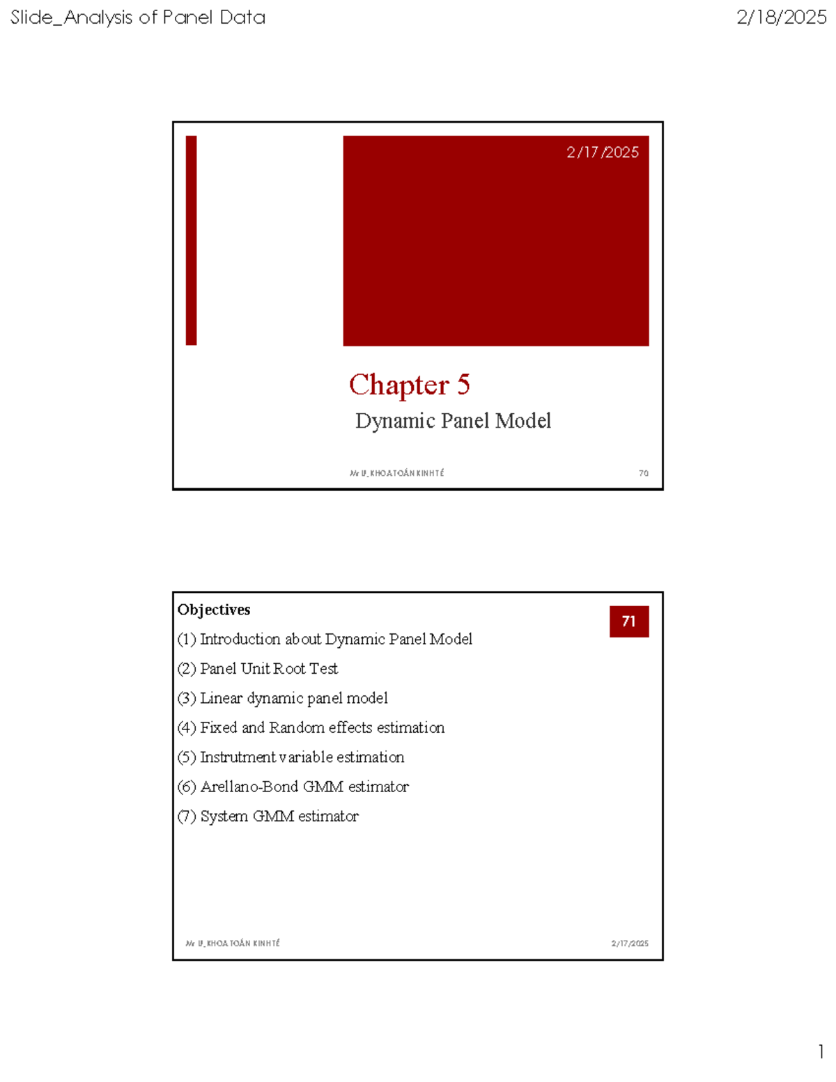 Slide Analysis of Panel Data: Chapter 5 Dynamic Panel Models (2024-2025 ...