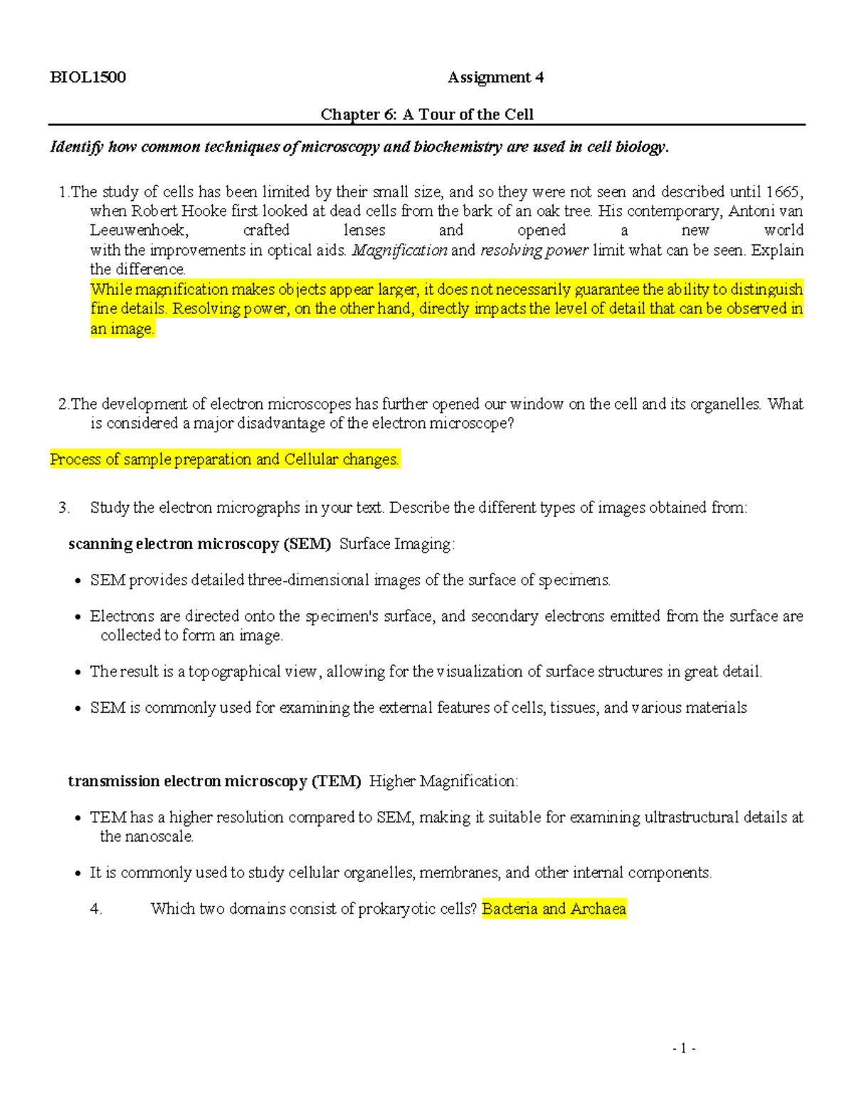 BIOL1500 Assignment 4: Chapter 6 - Exploring Cell Structures and ...