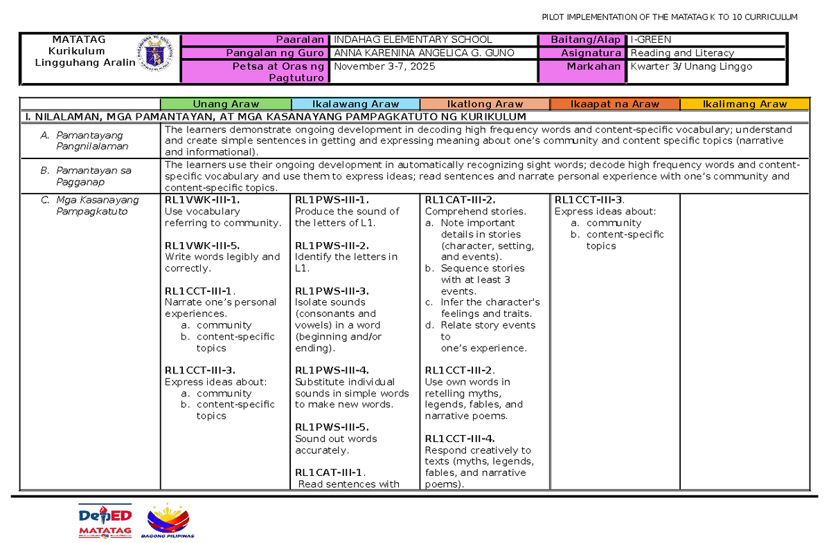 G1 Q3 LE WEEK 1 RL - Pilot Implementation of MATATAG K to 10 Curriculum ...