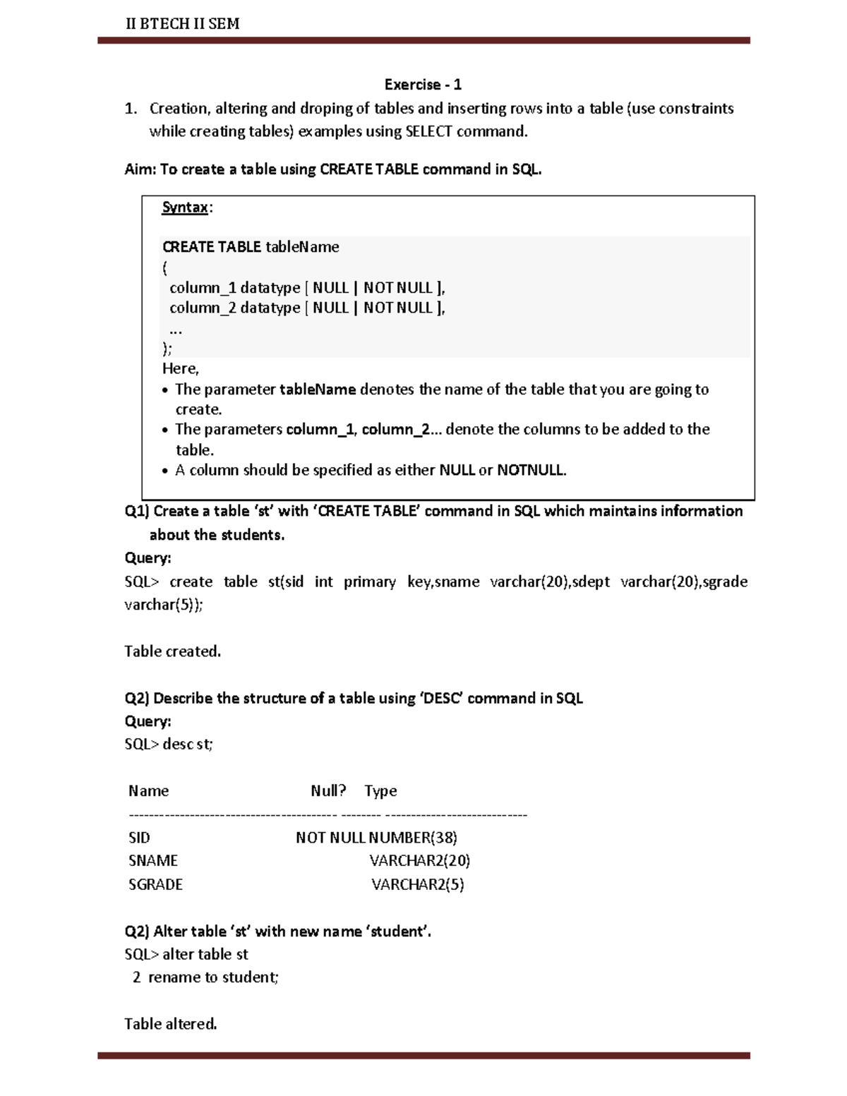 DBMS LAB Manual R23 - II BTECH II SEM SQL Table Operations and Queries ...
