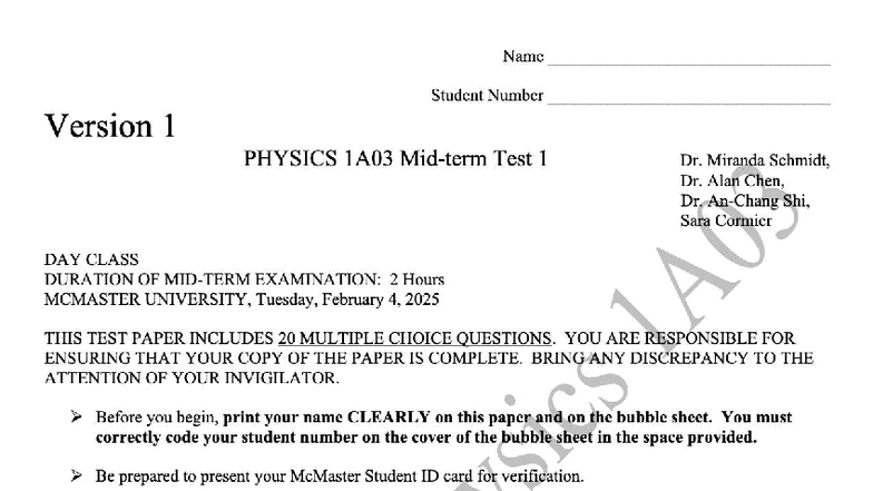 Physics 1A03 W25 Test 1 - Multiple Choice Questions Guide - Studocu