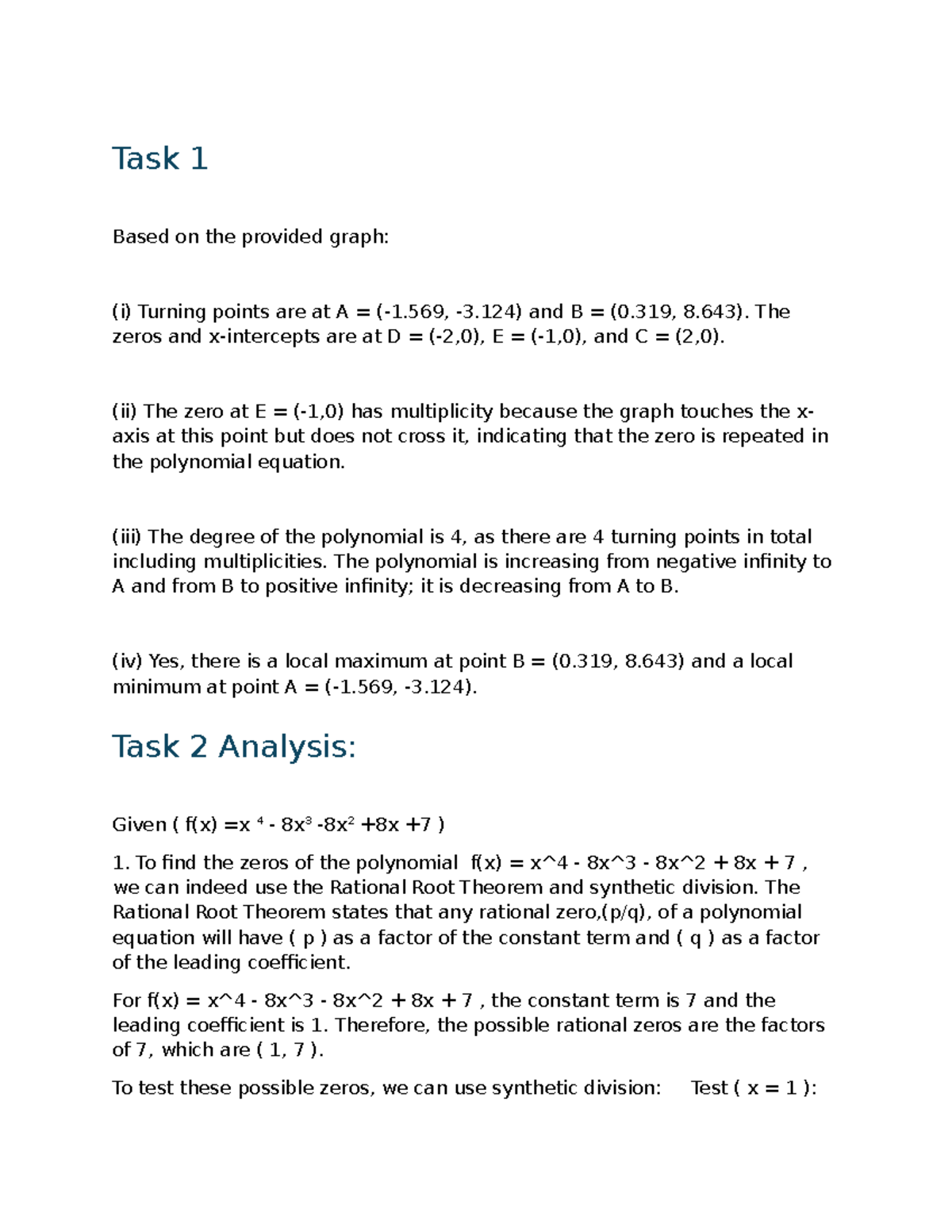 Analysis of Polynomial Functions - Assignment UNIT 4 - Studocu