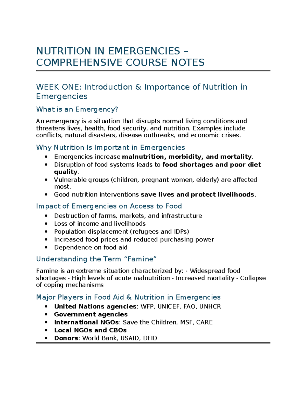 NUTR 101: Nutrition in Emergencies - Comprehensive Course Notes - Studocu