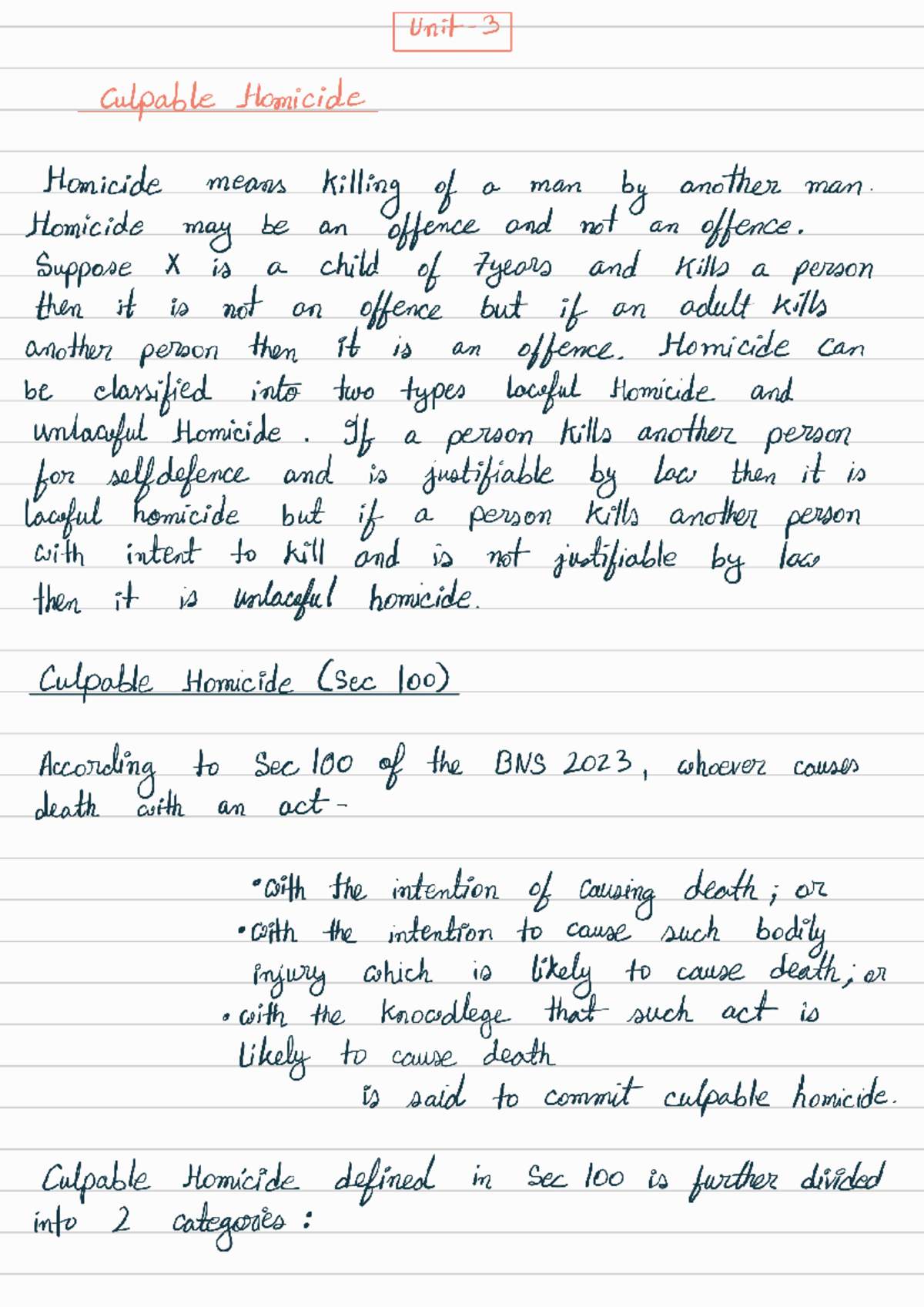 BNS Unit 3: Culpable Homicide and Related Offences Overview - Studocu