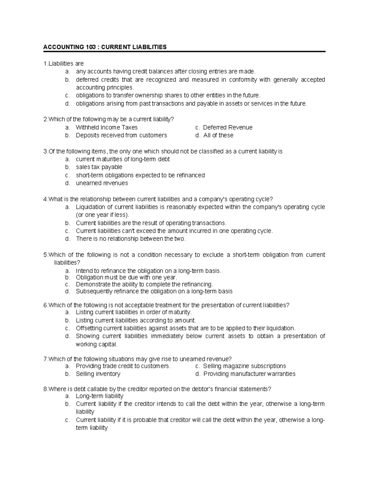 2024 Current-Liabilities Questionnaire - ACCOUNTING 103 : CURRENT ...