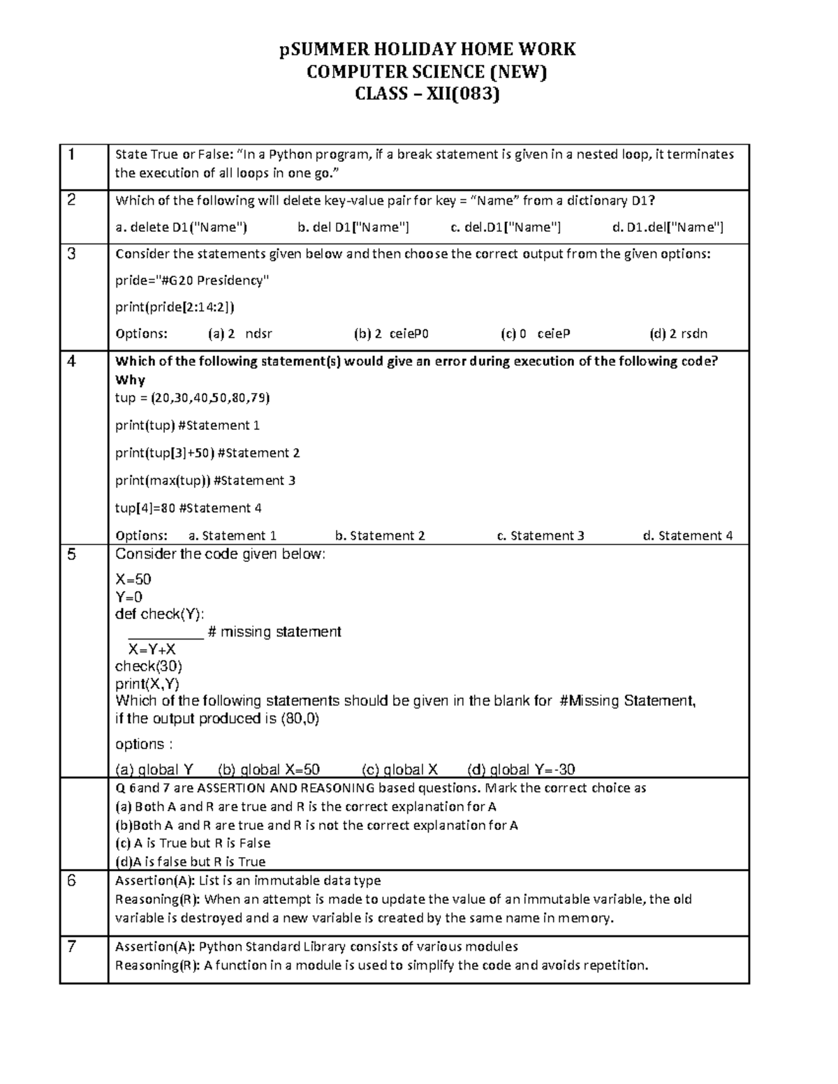 Class XII (083) CS Holiday Homework: Python Programming Tasks - Studocu