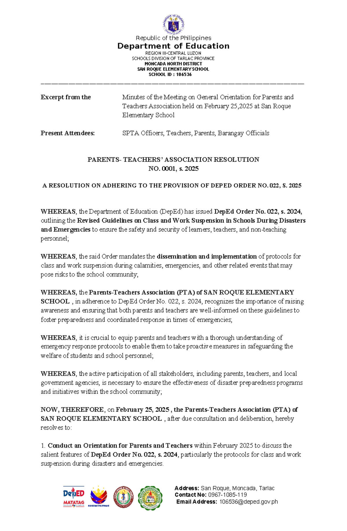 PTA Resolution & Narrative Report - Department of Education REGION III ...