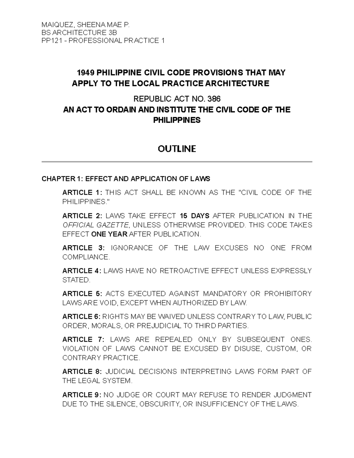 Civil Codde Outline - dfhgykjyuluDSEGFTJJGH - MAIQUEZ, SHEENA MAE P. BS ...