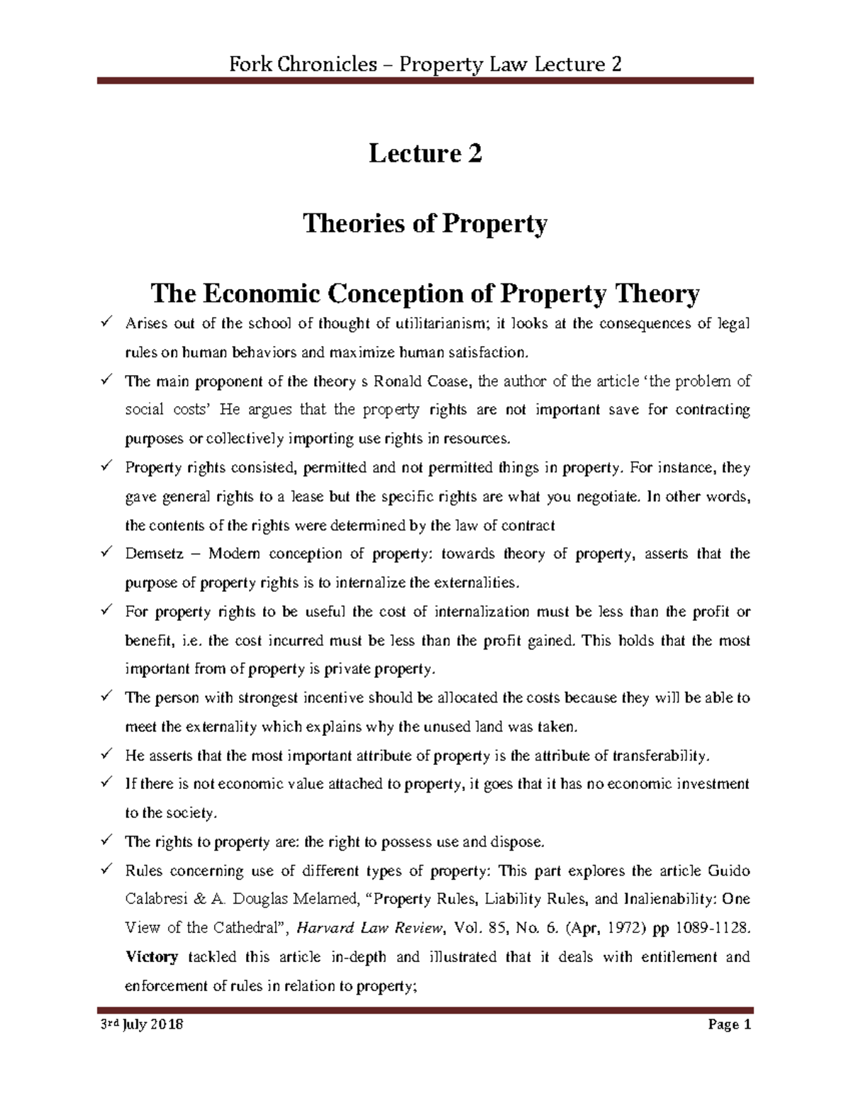 Property Law Lecture 2: Theories and Economic Conceptions of Property ...