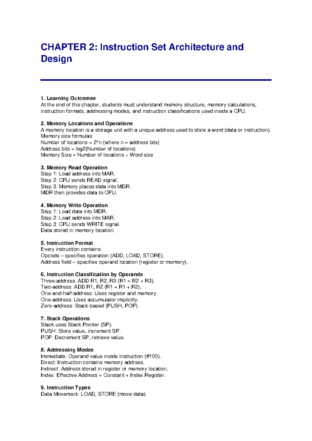 CHAPTER 2: Instruction Set Architecture Exam Summary (ISA 101) - Studocu