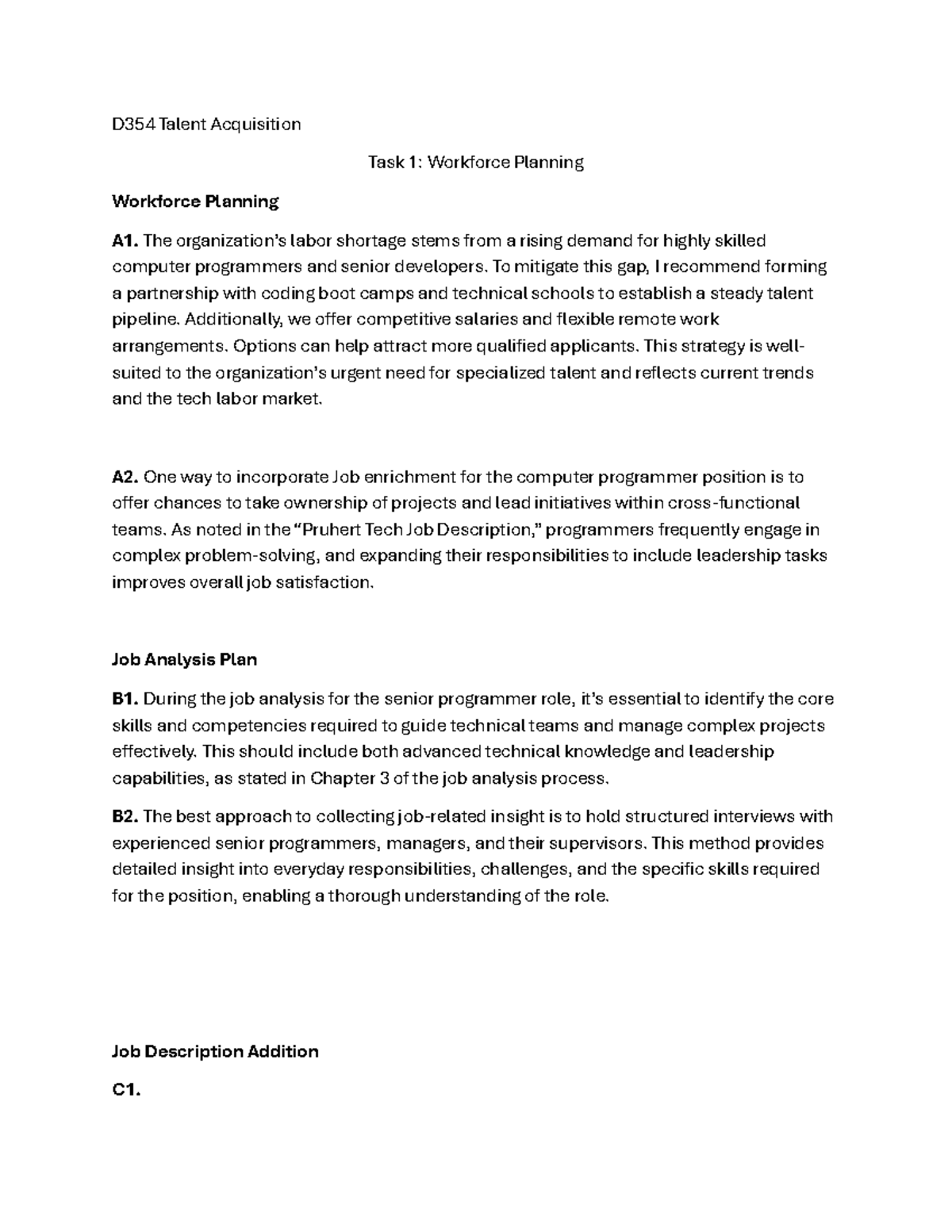 D354 Talent Acquisition Task 1: Workforce Planning Strategies - Studocu