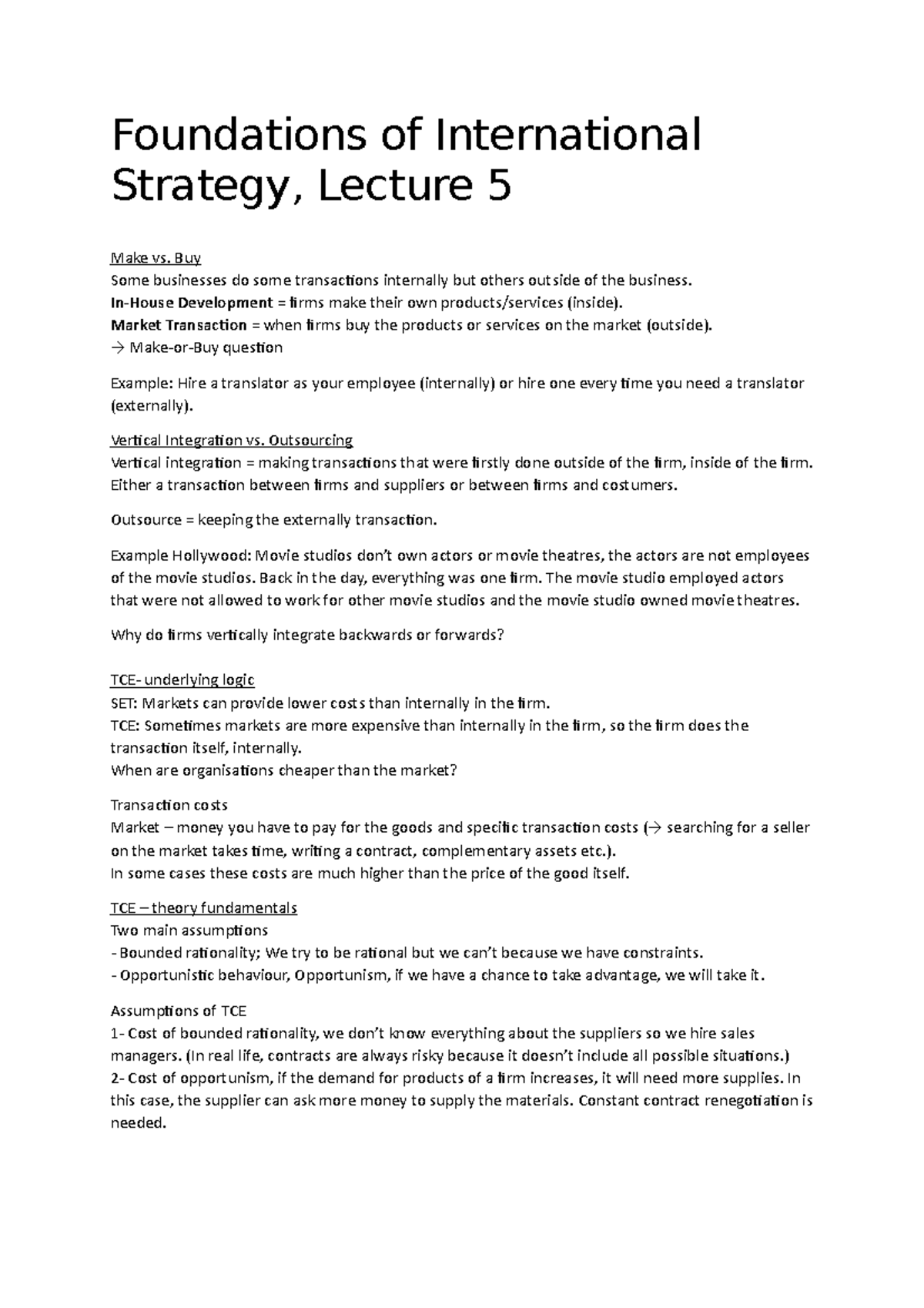 Foundations of International Strategy: TCE and Make-or-Buy Decisions ...