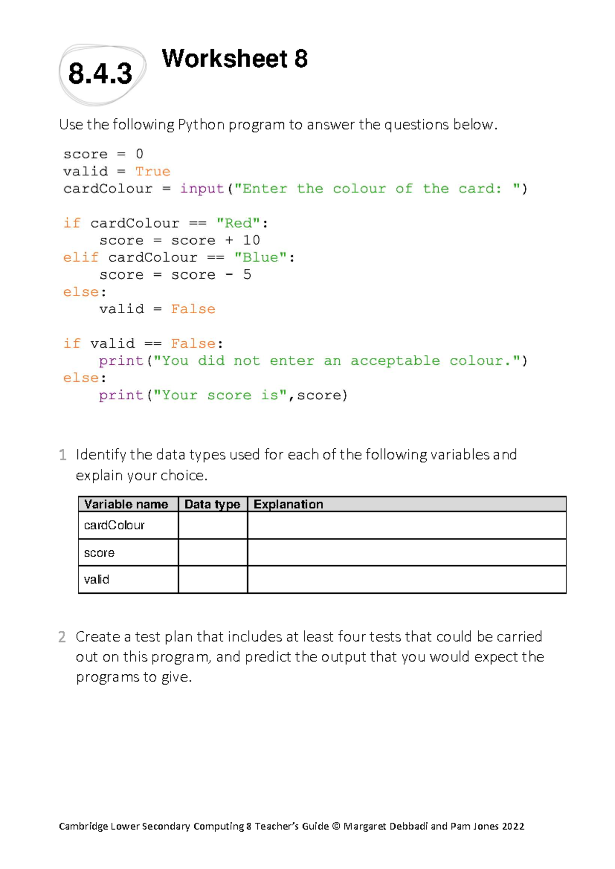 8.4.3 Worksheet 8: Data Types & Test Plan for Python Program - Studocu