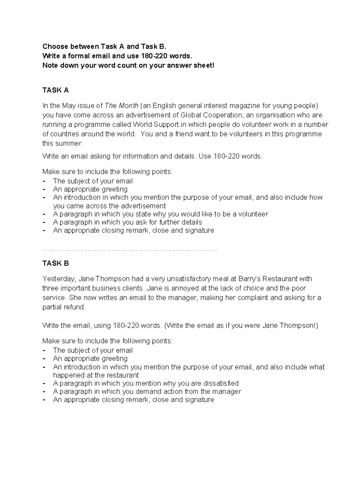 4H Oefentoets: Formal Email Writing Task A & B Instructions - Studeersnel