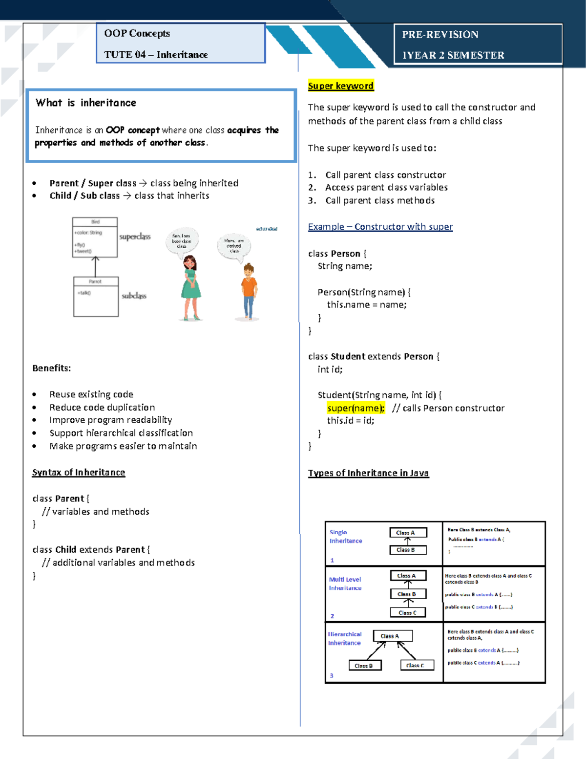 OOP TUTE 04: Inheritance & Super Keyword Explained - Studocu