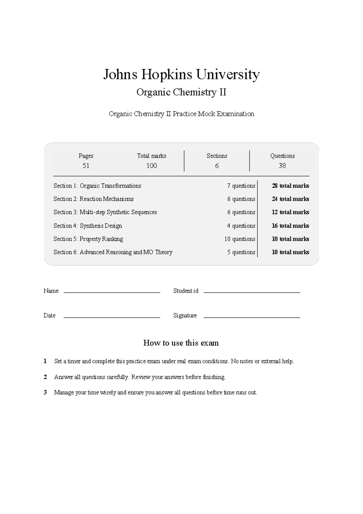 AS.030.206 Organic Chemistry II Practice Mock Exam 2026 - Studocu