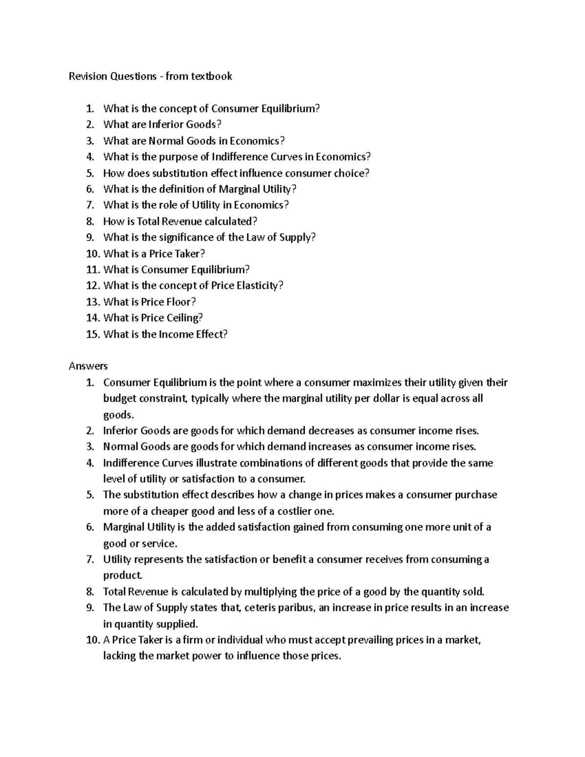 Revision Questions - from textbook - Consumer Equilibrium is the point ...