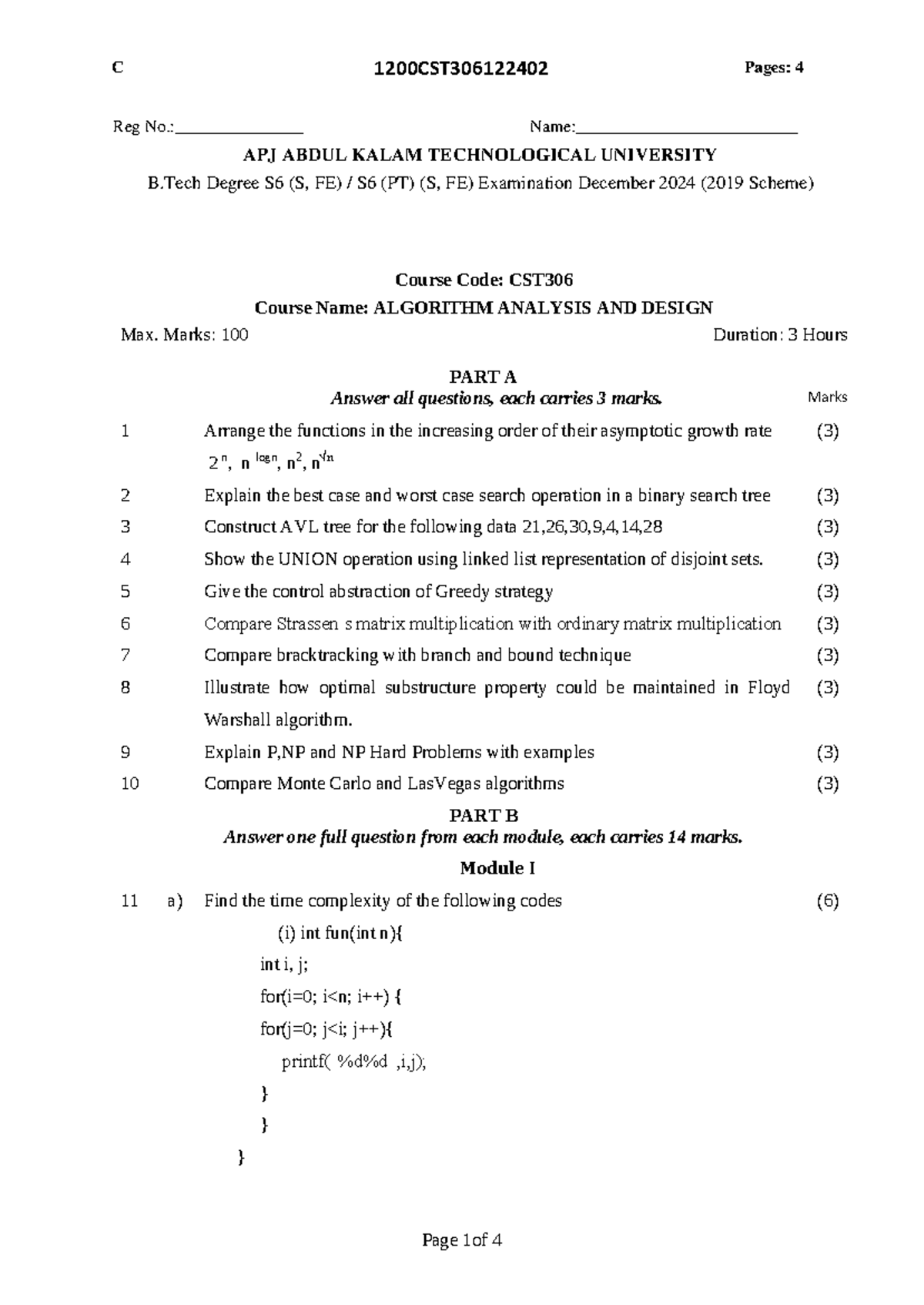 CST306-QP-Dec 2024 - Algorithm Analysis and Design Questions - Studocu