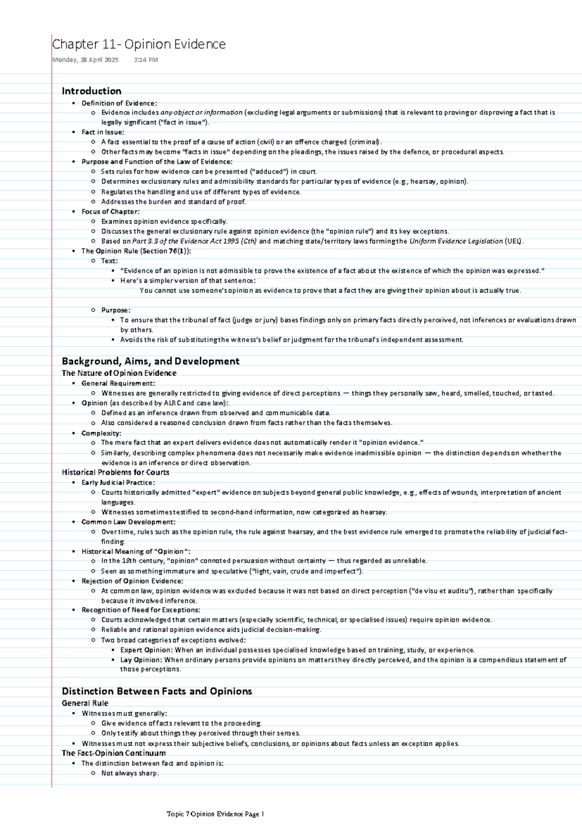 Uniform Evidence Textbook Chapter 11: Detailed Notes on Opinion ...