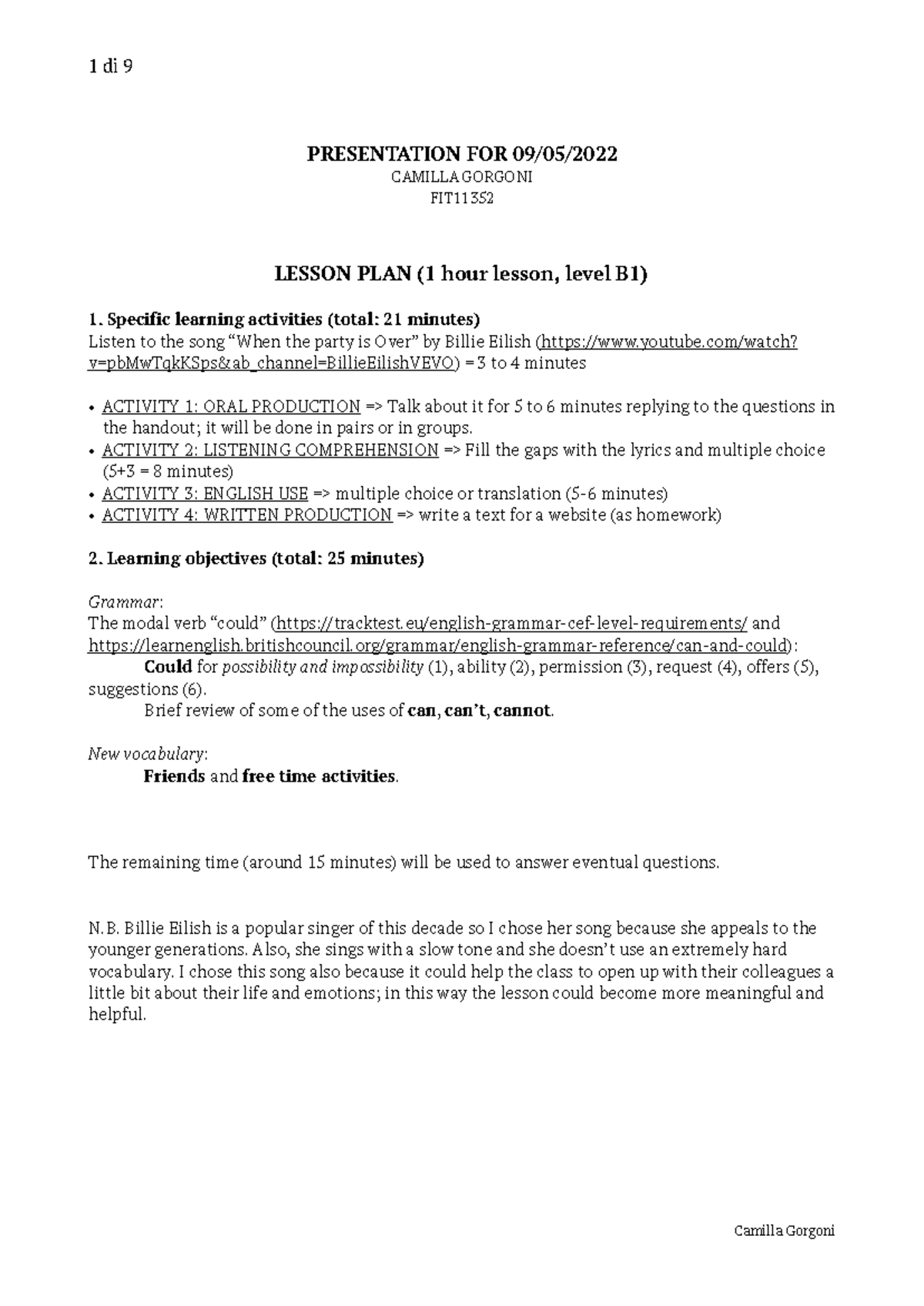 FIT B1 Lesson Plan & Handout: Engaging Activities with Billie Eilish ...