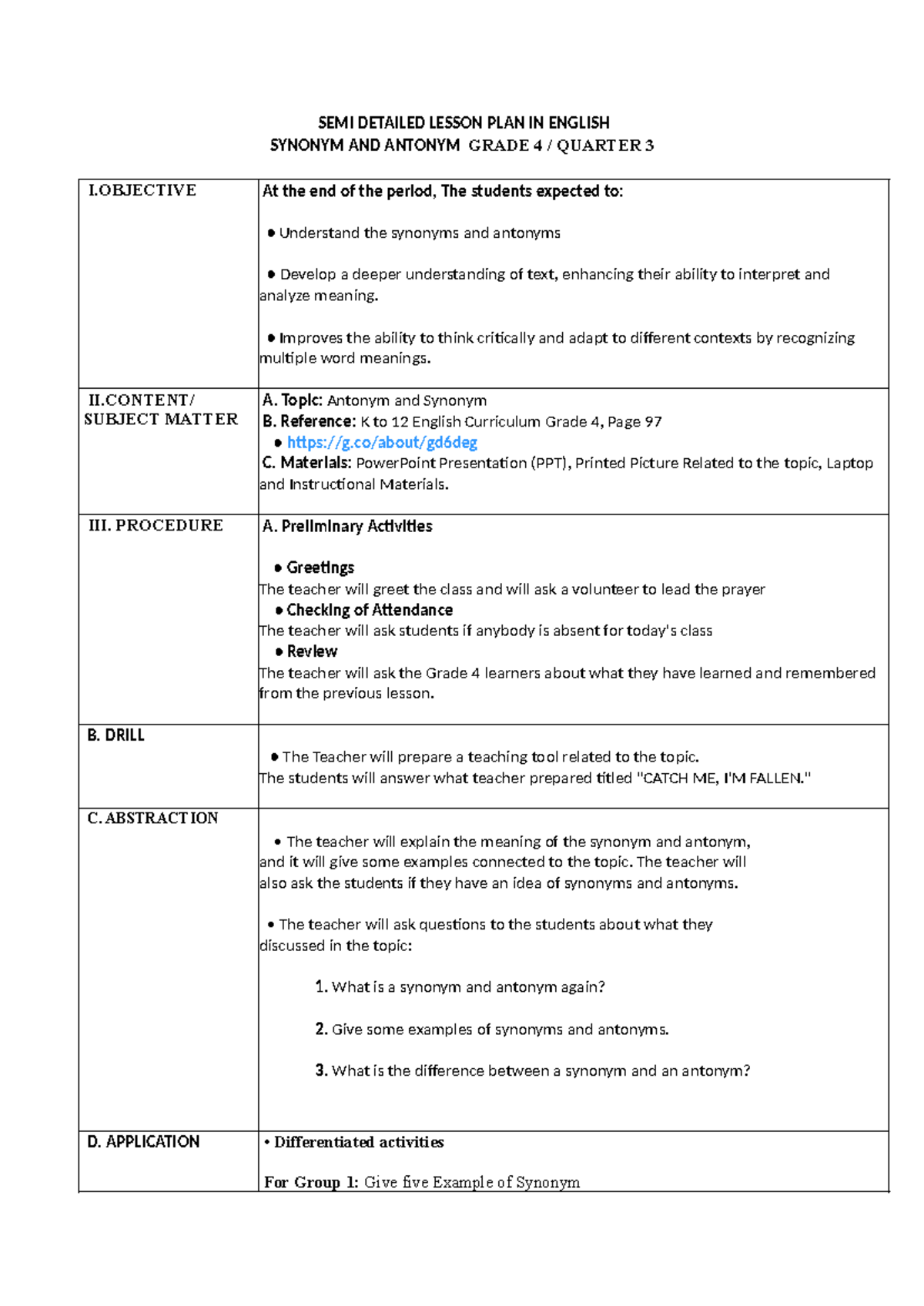 SDLP Lesson Plan on Synonyms & Antonyms for Educ 106 Grade 4 - Studocu