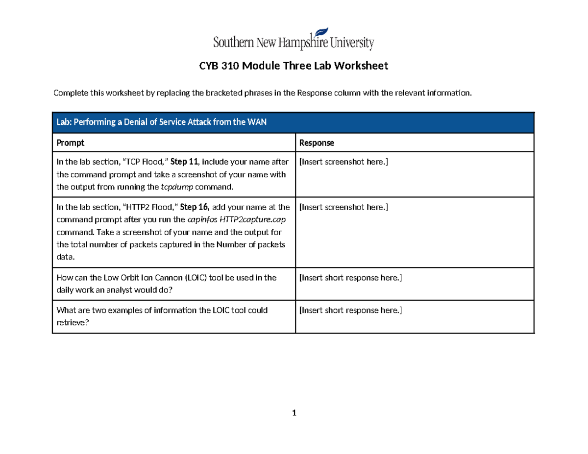 CYB 310 Module 3 Lab: Denial of Service Attack Worksheet - Studocu