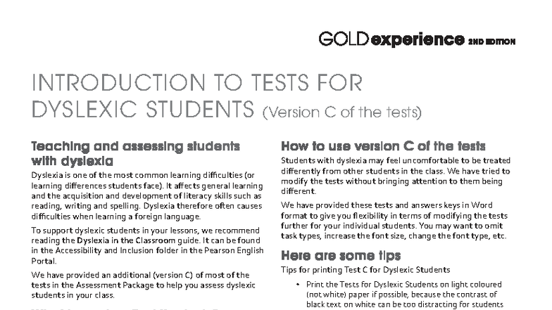 Gold Experience Tests for Dyslexic Students - Version C Guide - Studocu