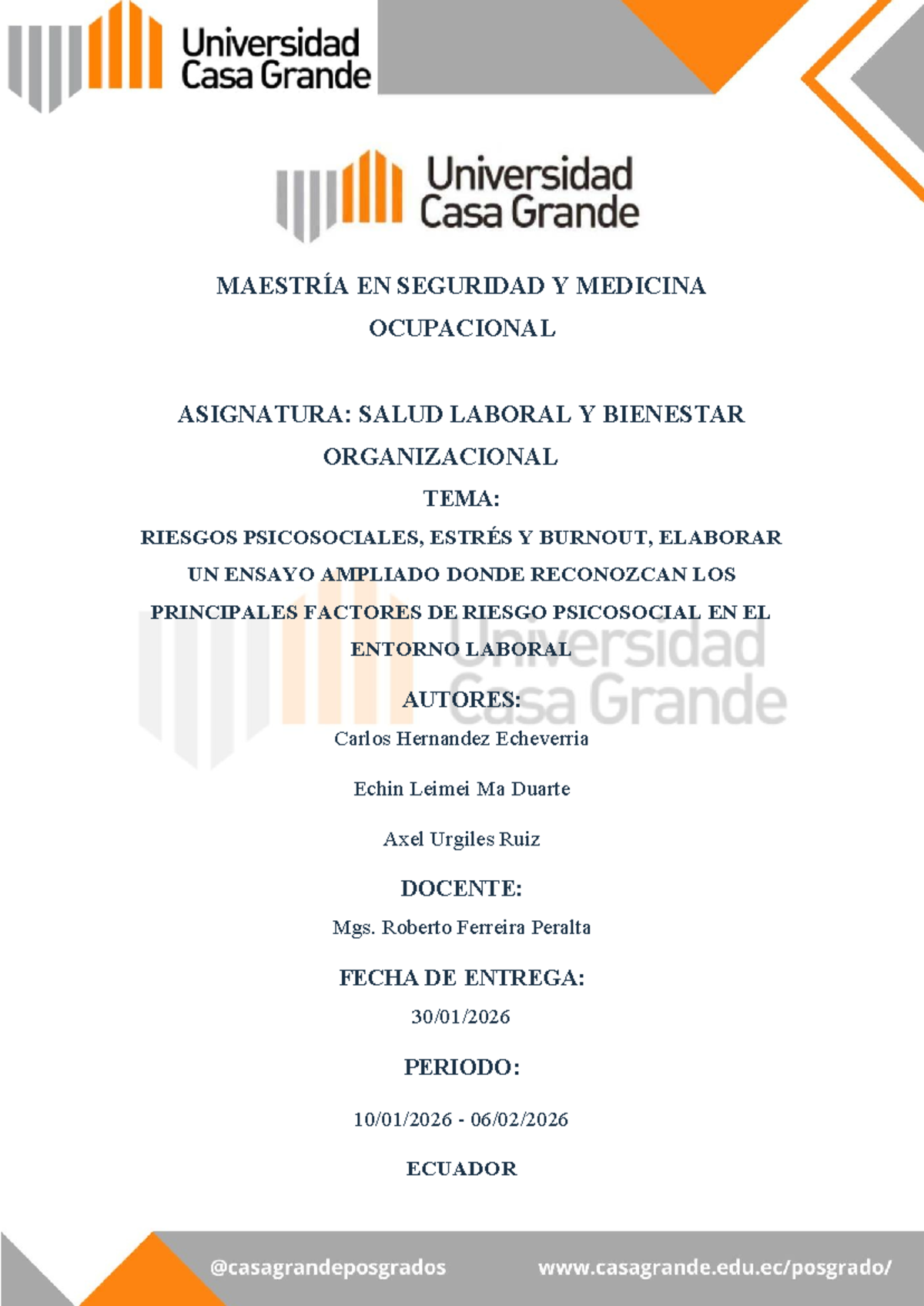 MAESTRÍA EN SEGURIDAD Y MEDICINA OCUPACIONAL: ENSAYO SOBRE RIESGOS PSICOSOCIALES - Document Preview