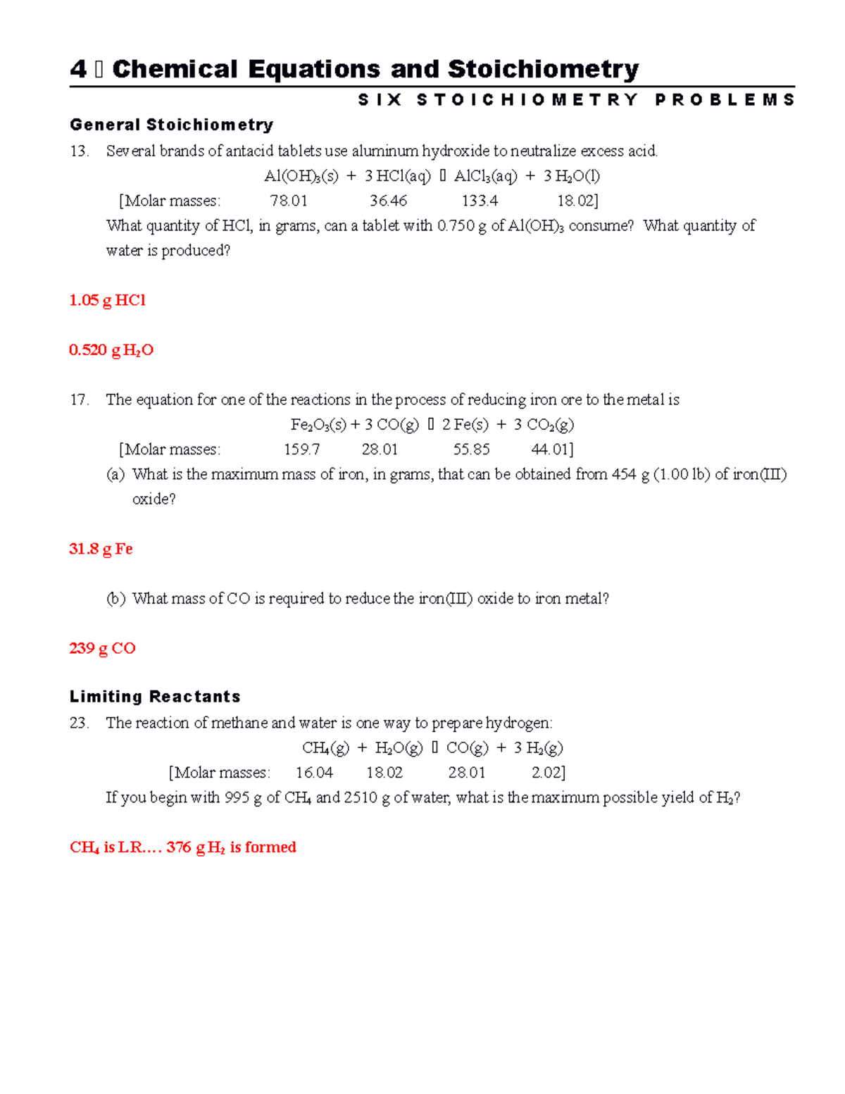 Stoichiometry Practice - 6 problems Answers - 4 Chemical Equations and ...