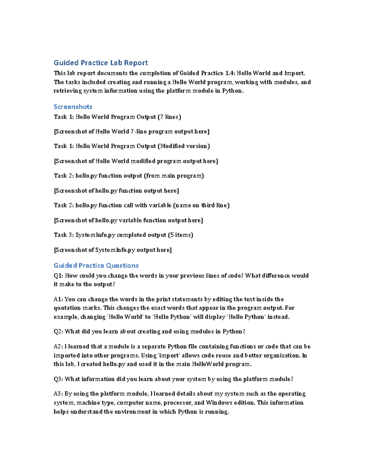 Guided Practice Lab Report: Python Hello World & Modules - Studocu